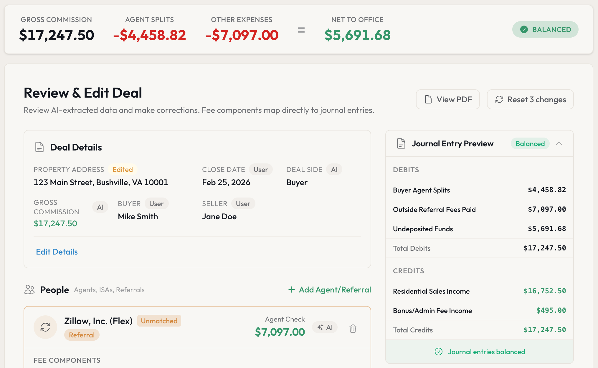 Dealsplit deal review showing AI-extracted commission data, agent splits, and balanced journal entries