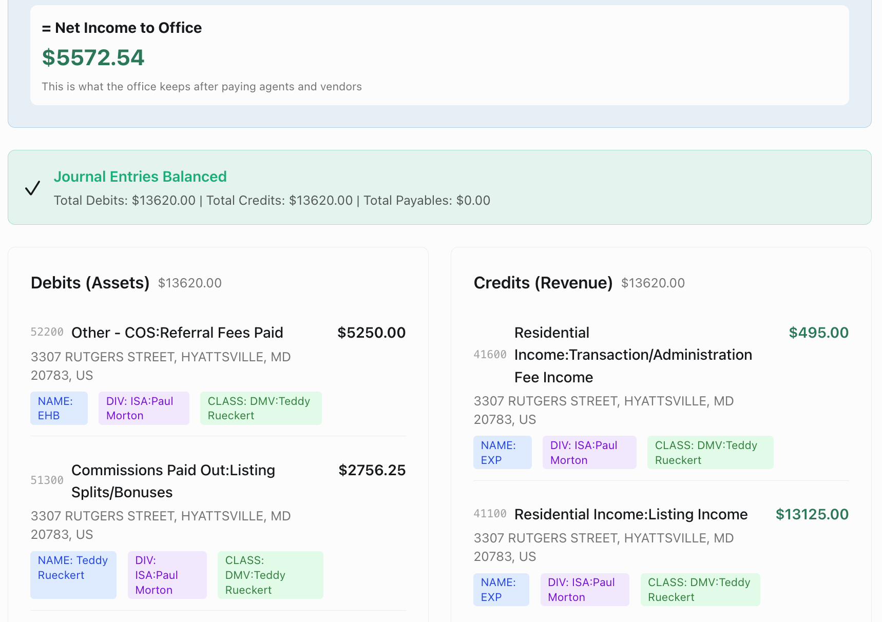 Dealsplit dashboard showing journal entries, net income calculation, and dimensional tags